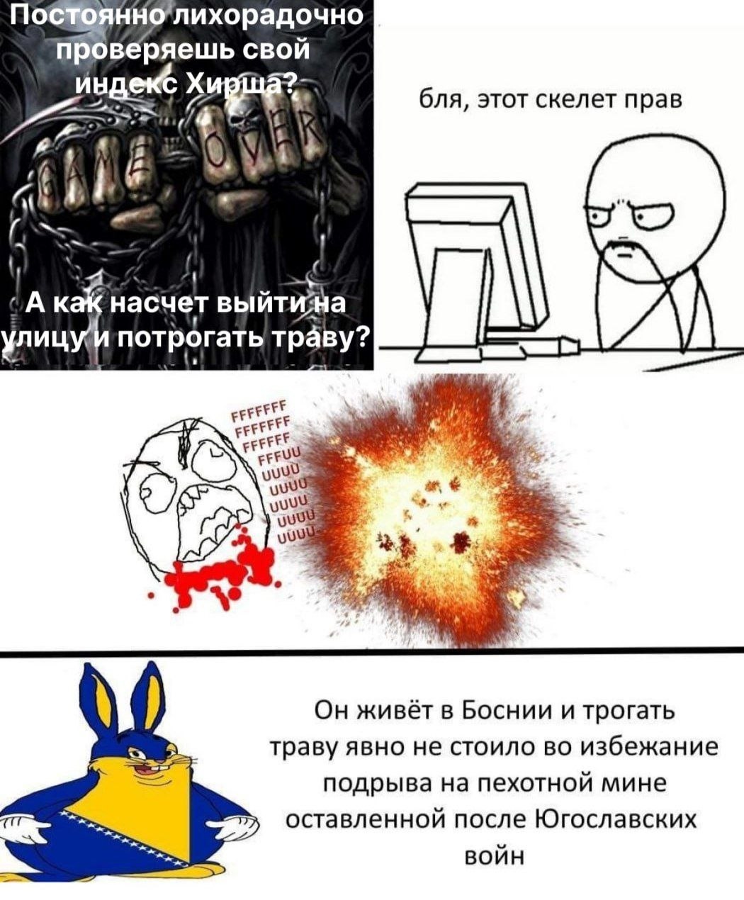 Коллаж про индекс Хирша, «потрогать траву» и шутку про Боснию, где трогать траву опасно из-за мин после Югославских войн.