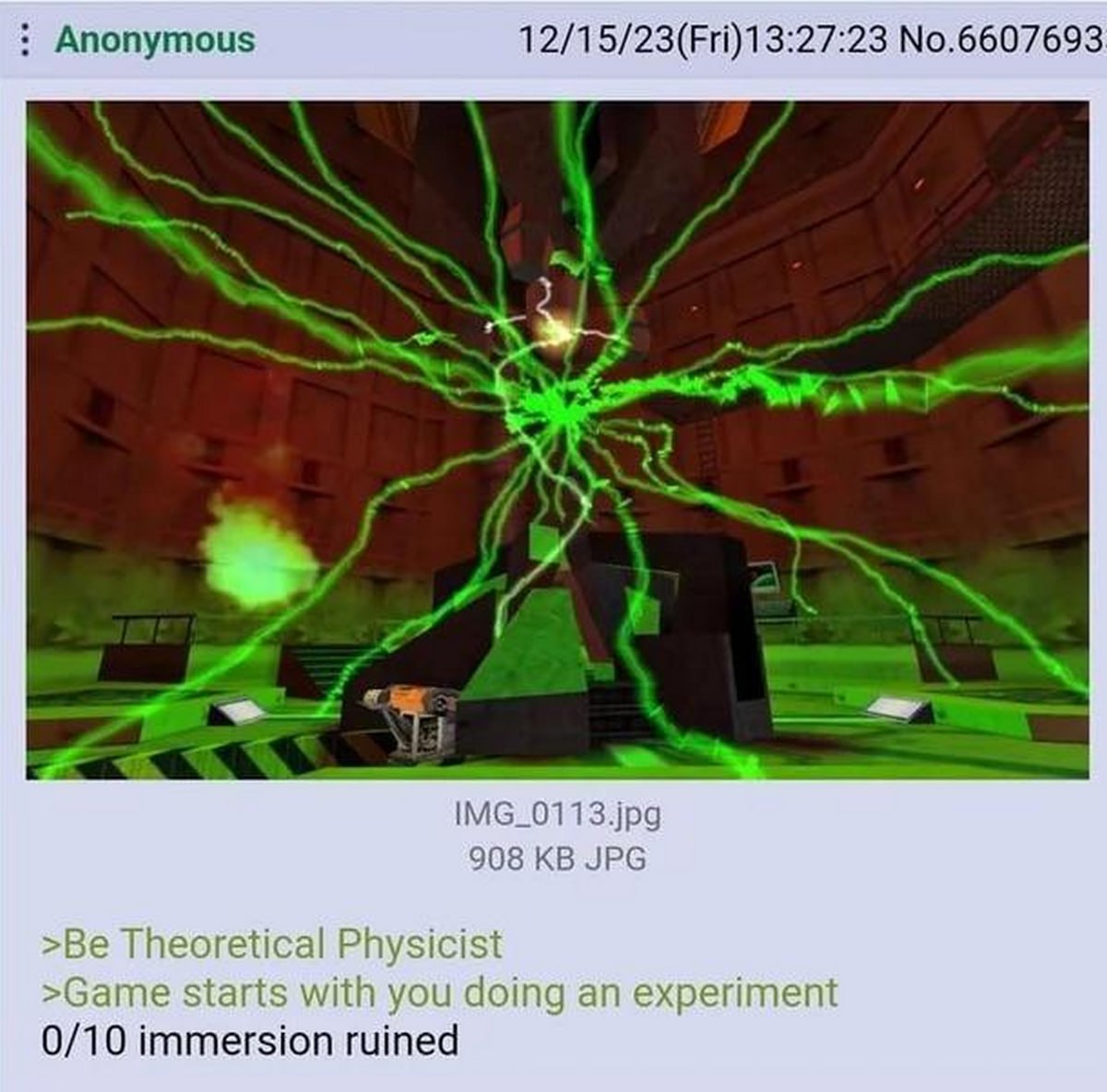 0/10 immersion ruined Мем, где пользователь жалуется, что игра начинается с эксперимента, что портит погружение.