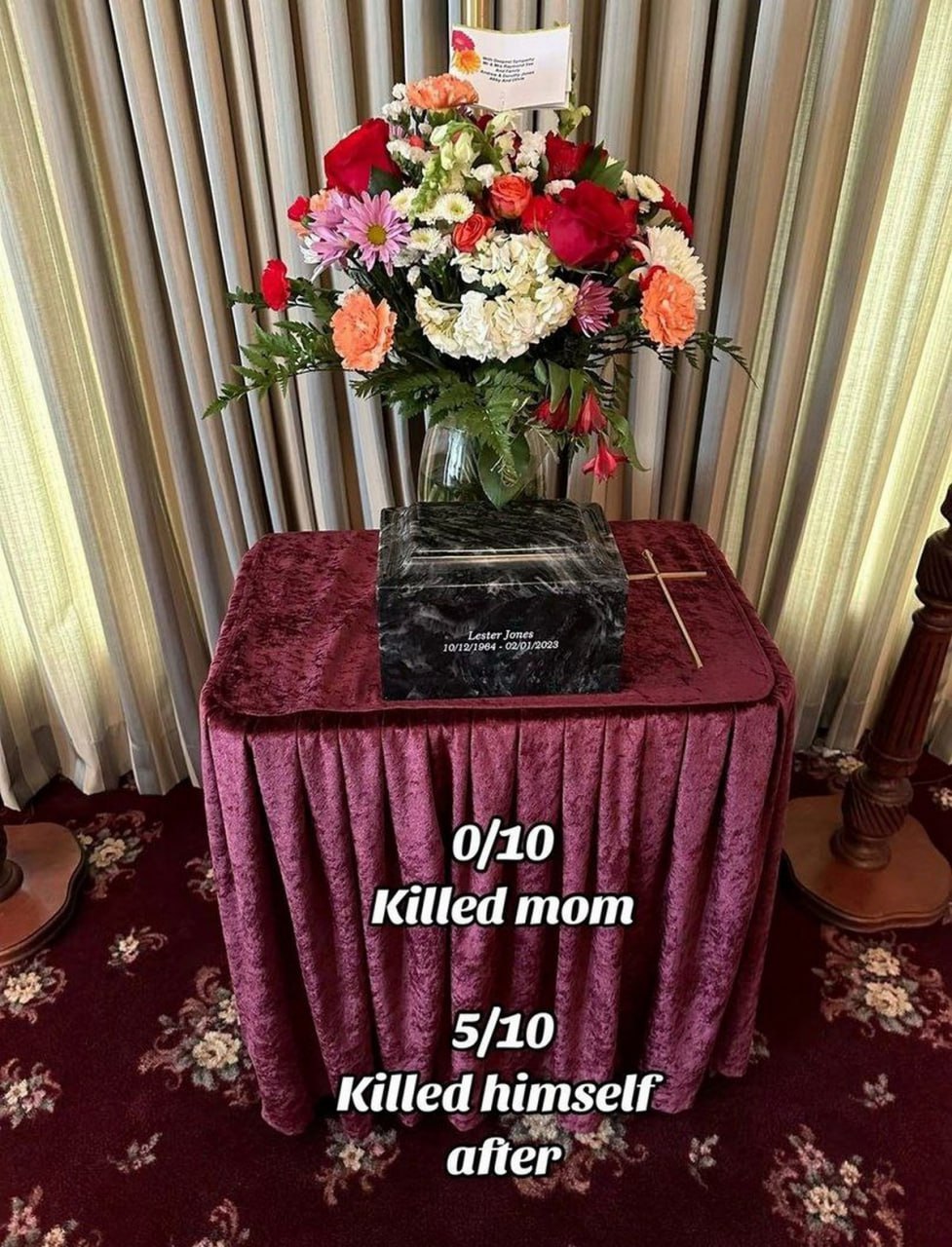 0/10 Killed mom 5/10 Killed himself after Похороны Лестера Джонса: 0/10 Убил маму 5/10 Убил себя после