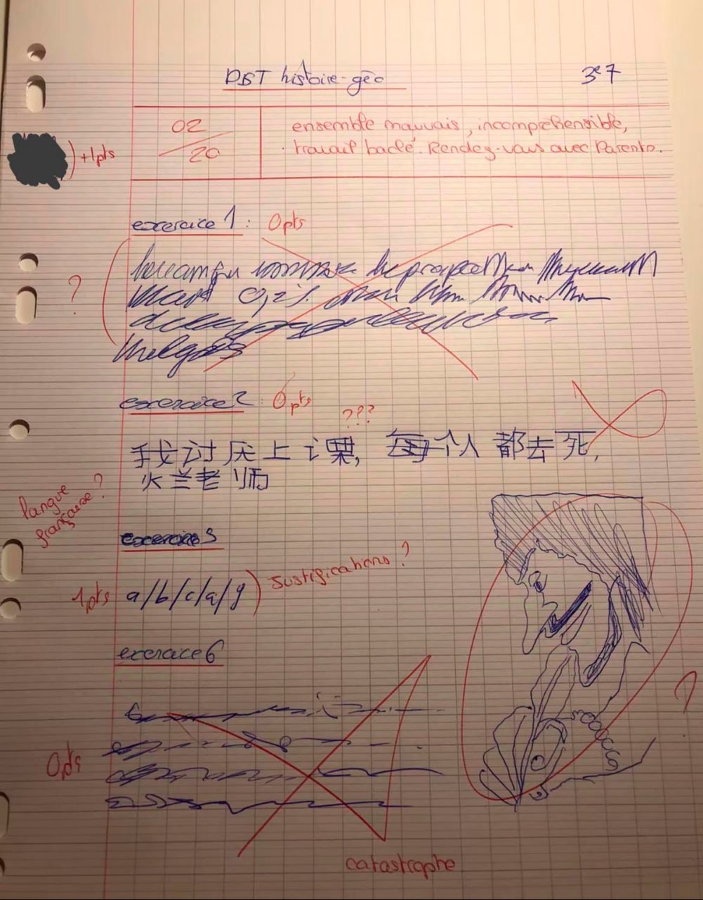 Оценка 02/20, rendez-vous avec parents Оценка 2 из 20 по истории и географии и комментарий учителя "Приходите с родителями"