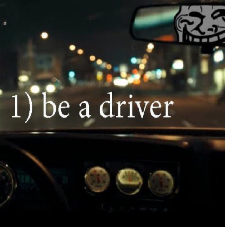 1) be a driver Мем с фразой 1) be a driver и лицом Троллфейса в зеркале заднего вида, показывающий троллинг на дороге