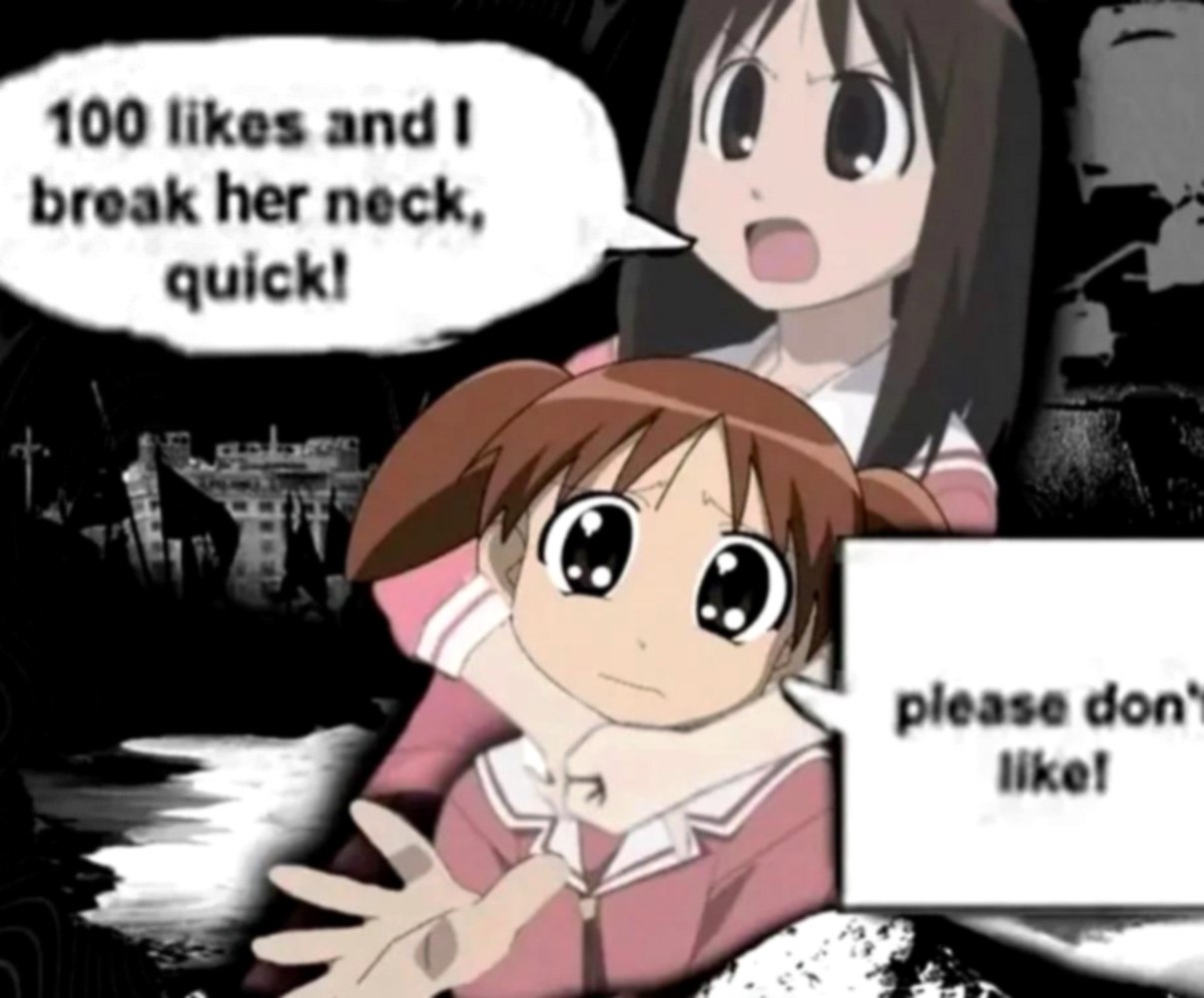 100 likes and I break her neck, quick Мем с аниме-девочкой, которая держит другую за шею и просит 100 лайков