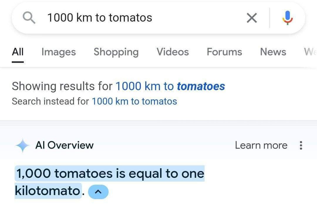 1000 km to tomatoes Поисковый запрос "1000 km to tomatoes" и забавный ответ AI Overview