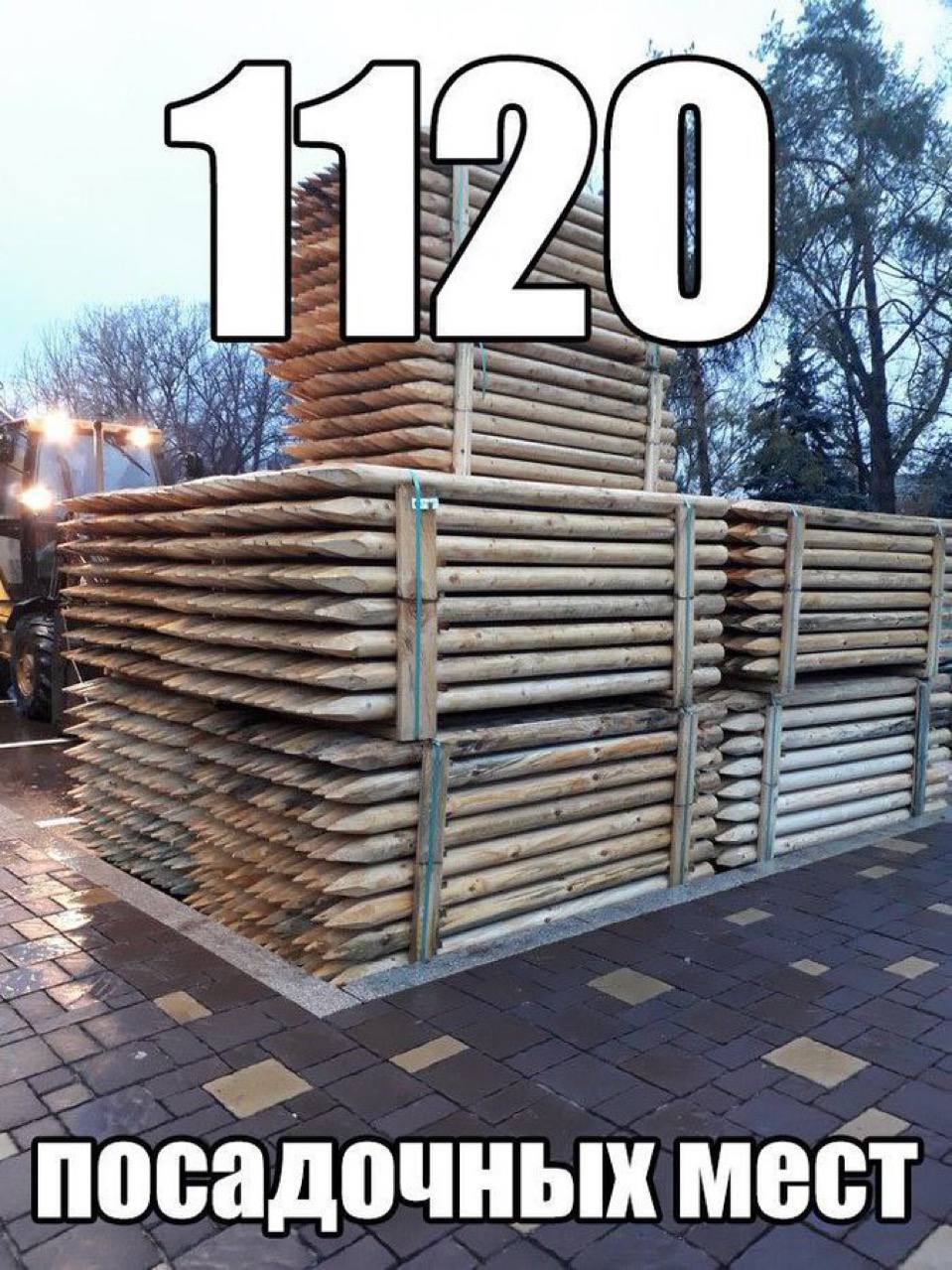1120 посадочных мест Штабель заостренных бревен с надписью «1120 посадочных мест».