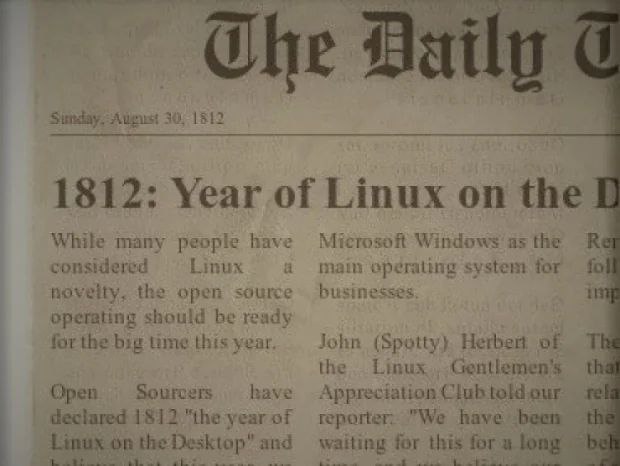 1812: Year of Linux on the Desktop Фейковая газетная статья "1812: Год Linux на десктопе", датированная 1812 годом