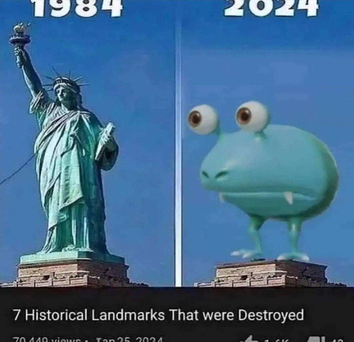 1984 vs 2024: 7 Historical Landmarks That were Destroyed Мем с изображением Статуи Свободы и монстра из Garten of Banban, показывающий "уничтожение" достопримечательностей.