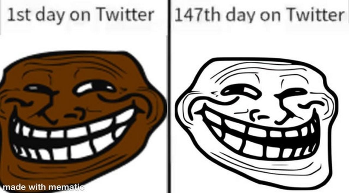 1st day on Twitter vs 147th day on Twitter Мем с изображением троллфейса, который меняет цвет с коричневого на белый, подписи к которому гласят «1st day on Twitter» и «147th day on Twitter».