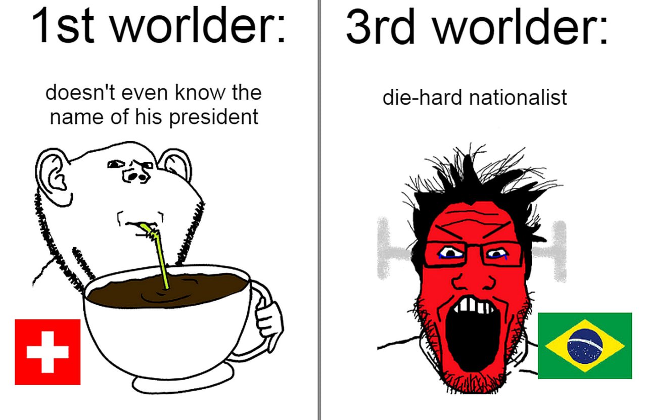 1st worlder vs 3rd worlder Мем, сравнивающий жителя первого мира, который не знает имени своего президента, с упёртым националистом из третьего мира.