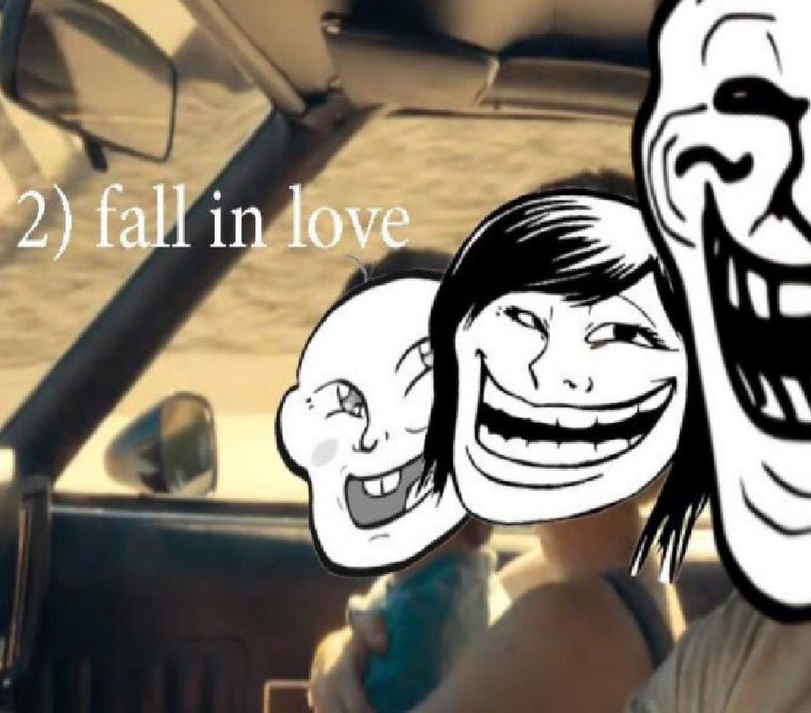 2) Fall in love Мемы с троллфейсами, представляющие семейную пару, которая "влюбляется" и едет в машине.