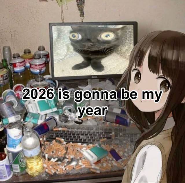 2026 is gonna be my year Аниме-девочка говорит «2026 is gonna be my year» на фоне грязного стола с монитором и котом