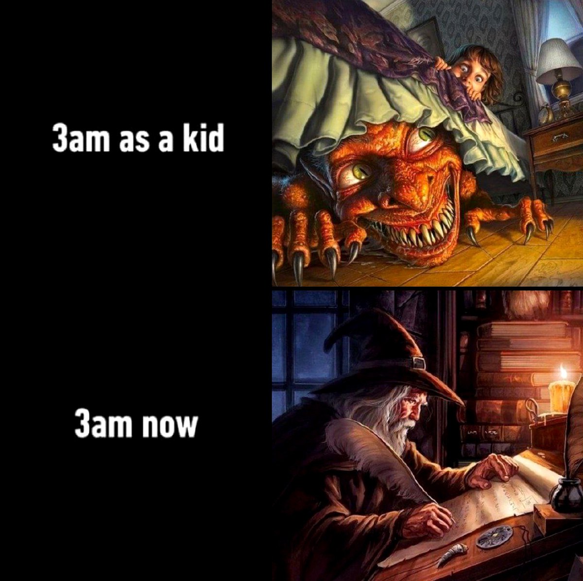 3 am as a kid 3 am now Монстр под кроватью в 3 часа ночи в детстве и мудрый волшебник в 3 часа ночи сейчас