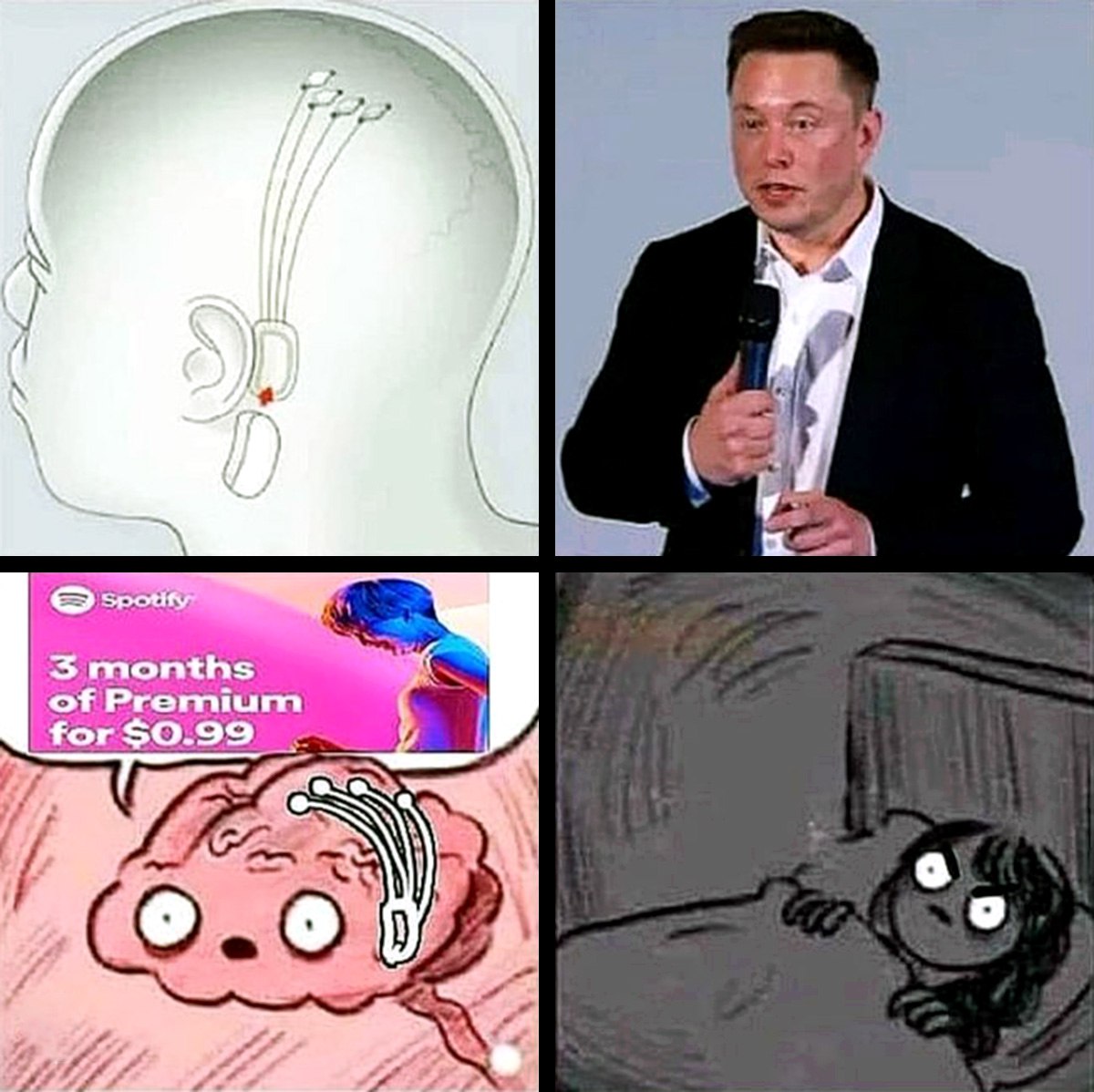 3 months of Premium for $0.99 Мем про Илона Маска, Neuralink и рекламу Spotify, где мозг получает уведомление.