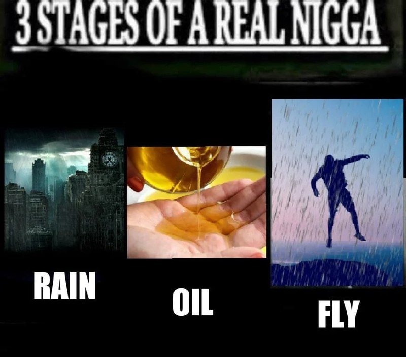 3 stages of a real nigga Мем "3 stages of a real nigga" показывает три этапа, представленные картинками дождя, масла и летящего человека