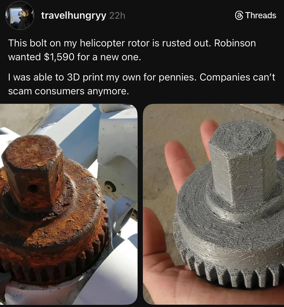 Пользователь Threads печатает на 3D-принтере болт для ротора вертолета, чтобы не платить 1590 долларов.