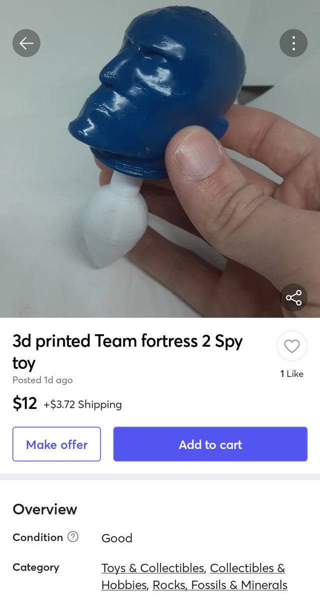 3D-печатная игрушка Шпиона из Team Fortress 2 Скриншот с сайта, где продается 3D-печатная фигурка головы Шпиона из Team Fortress 2, похожая на секс-игрушку