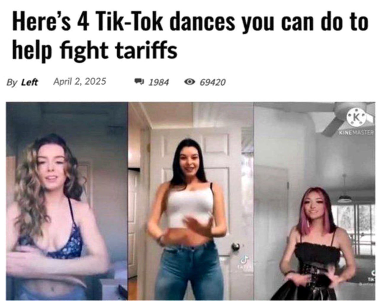 4 танца в TikTok, которые помогут бороться с тарифами Скриншот статьи с заголовком "4 танца в TikTok, которые вы можете исполнить, чтобы помочь в борьбе с тарифами", под которым изображены три девушки, танцующие на видео