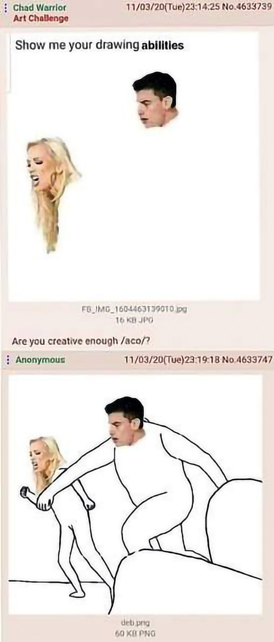 Мем на 4chan с дорисованными порнографическими телами Мем-челлендж на 4chan, где пользователи дорисовывают порнографические сцены к вырезанным головам.