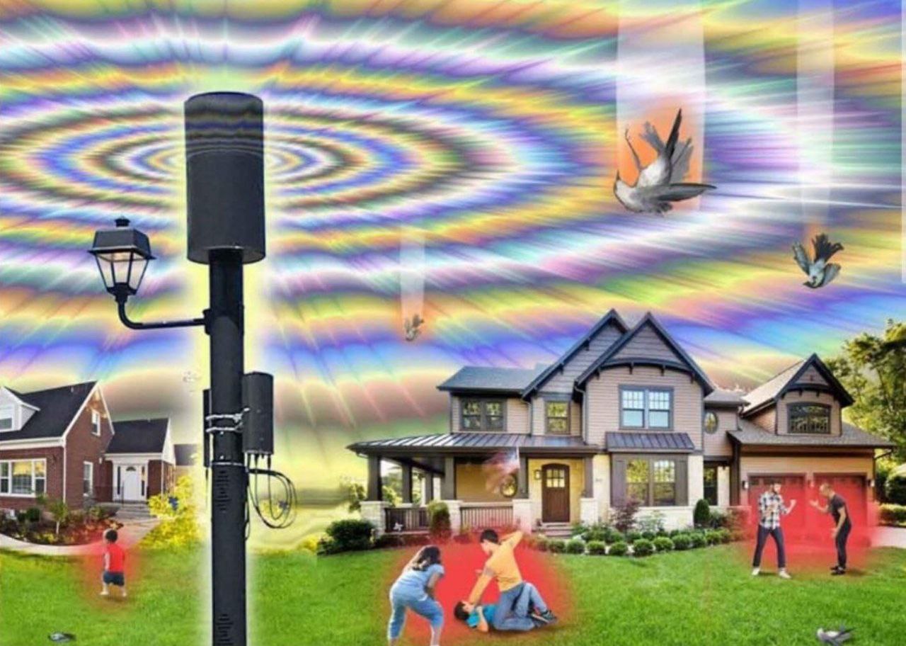 Влияние излучения 5G Мем, изображающий предполагаемые вредные эффекты излучения 5G на людей и животных, с ярким, галлюциногенным фоном.