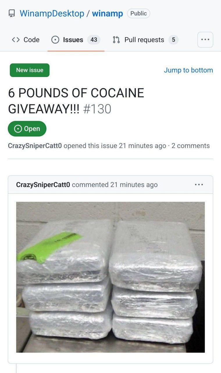 6 pounds of cocaine giveaway Скриншот с Github с заголовком «6 POUNDS OF COCAINE GIVEAWAY!!!» и фотографией с брикетами кокаина