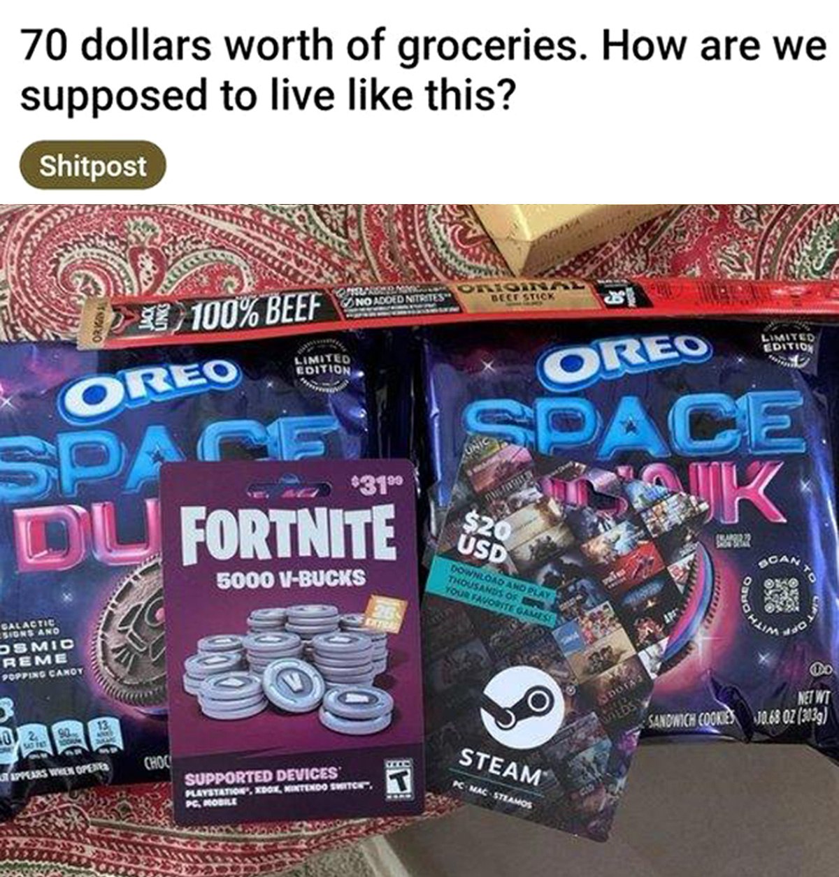 70 dollars worth of groceries. How are we supposed to live like this? Шуточный снимок с едой и игровыми картами на $70