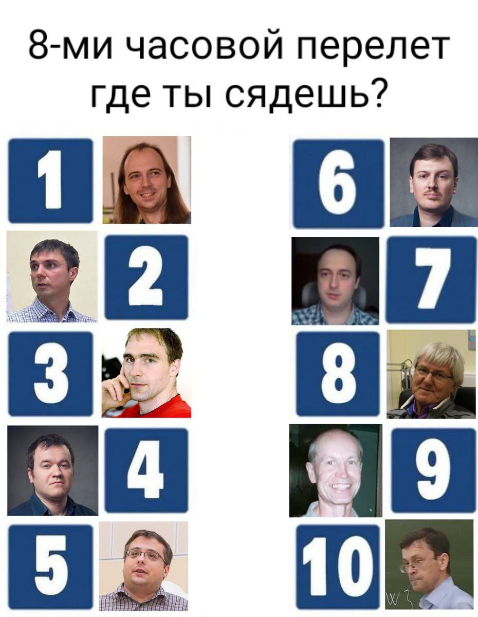 8-ми часовой перелет где ты сядешь? Мем с вопросом "8-ми часовой перелет где ты сядешь?" и десятью портретами известных людей.