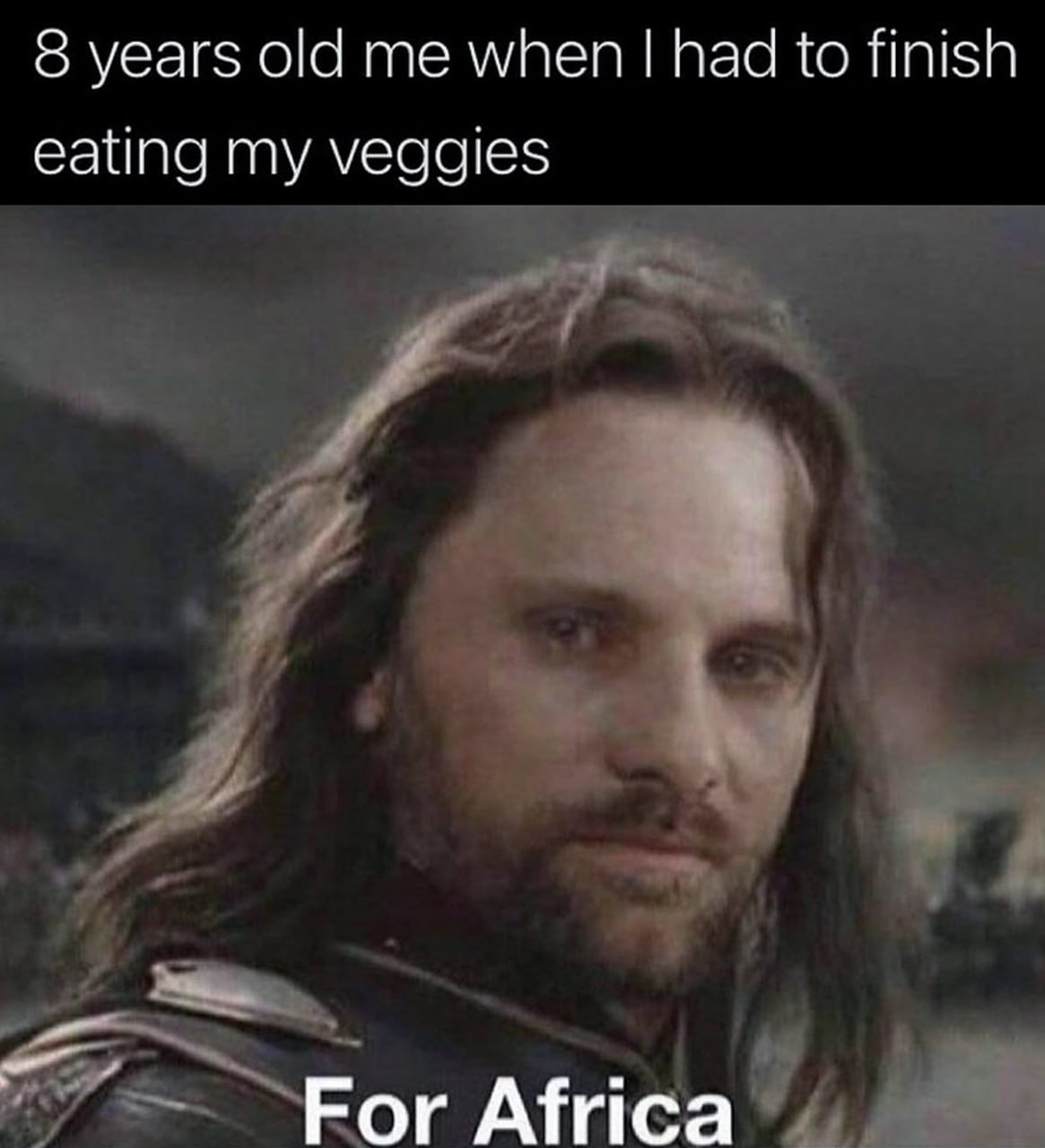 8 years old me when I had to finish eating my veggies For Africa Мем про ребенка, который доедает овощи за Африку