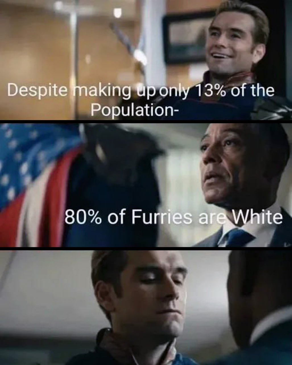 80% of Furries are White Мем про 80% фурри, которые являются белыми, с Хоумлендером и Гасом Фрингом.