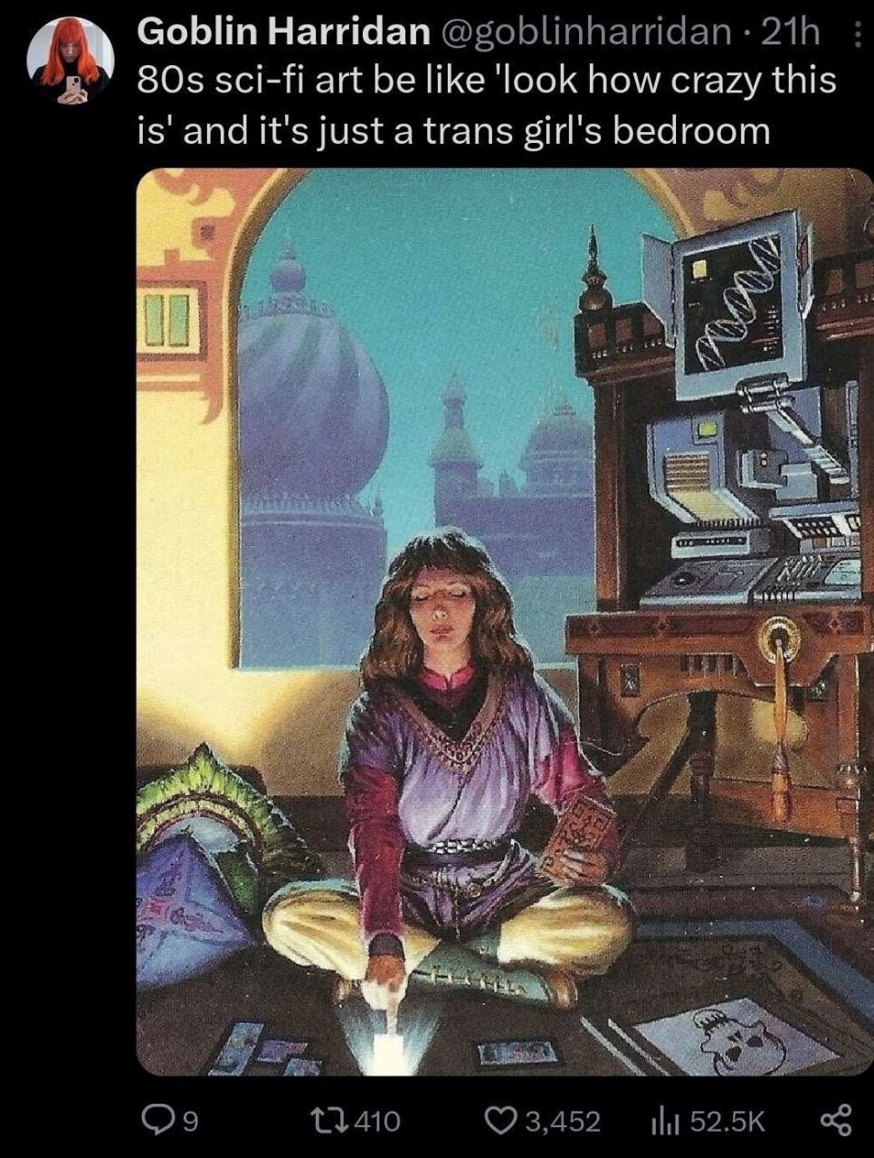 Скриншот твита с шуткой о том, что 80-е sci-fi искусство выглядит как странная фантастика, а на деле это просто спальня транс-девушки