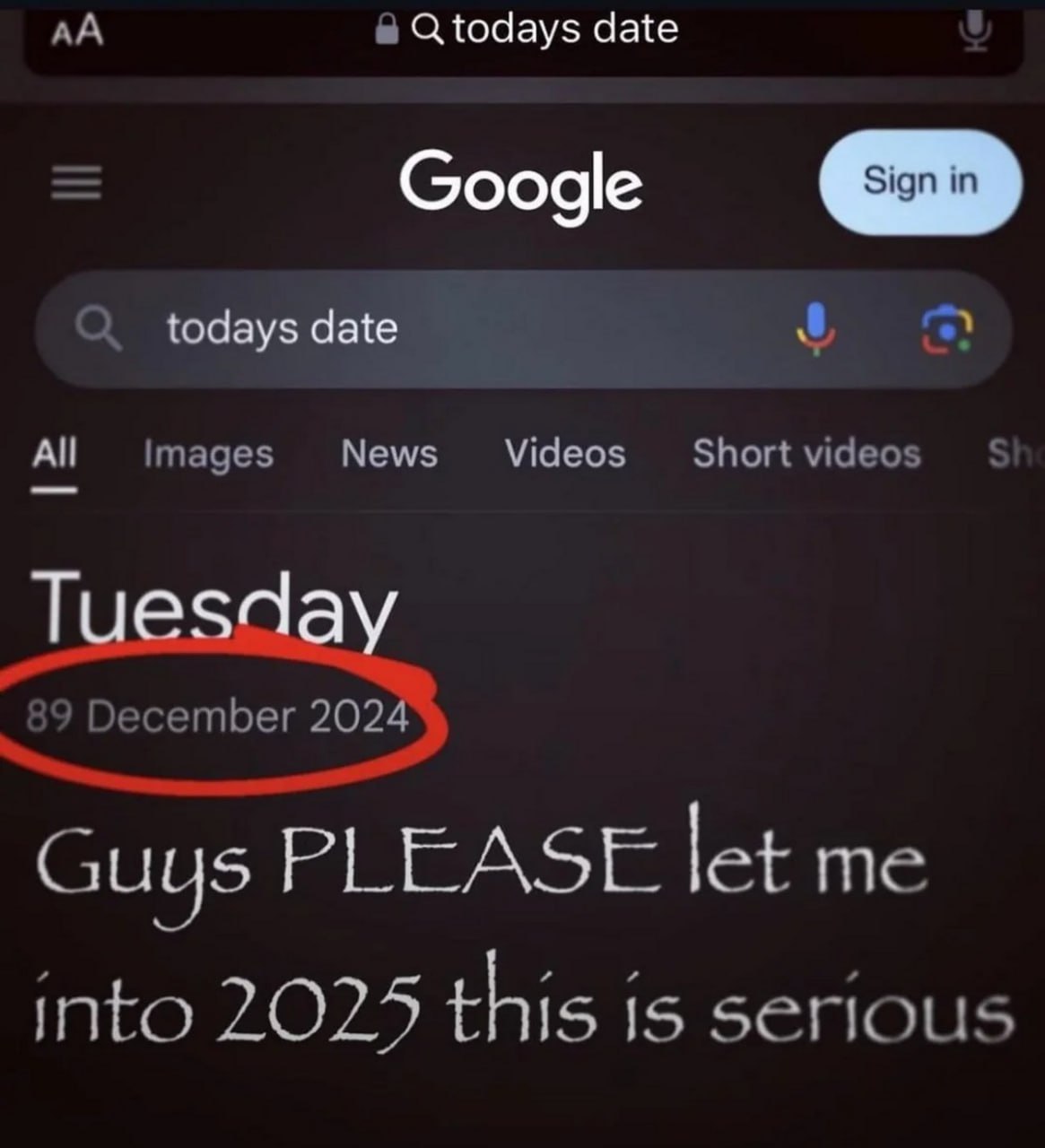 89 декабря 2024 года Мем с поисковой строкой Google, где дата показывает 89 декабря 2024 года, и просьбой пропустить в 2025 год.