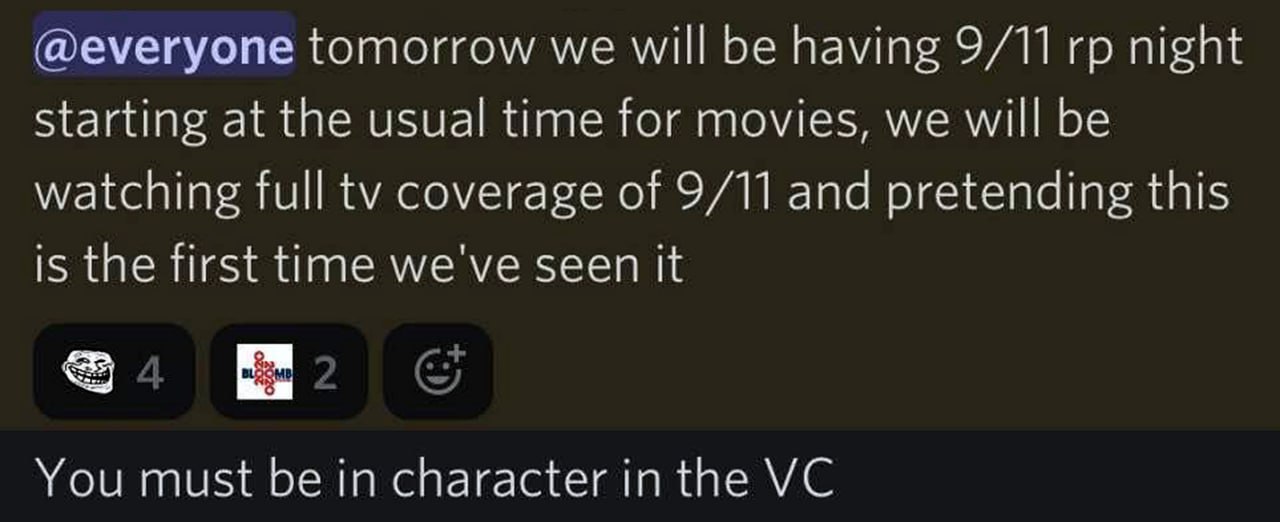 9/11 rp night Объявление в Discord о проведении ролевой ночи по событиям 11 сентября с просмотром ТВ-репортажей и требованием быть в образе в голосовом чате.