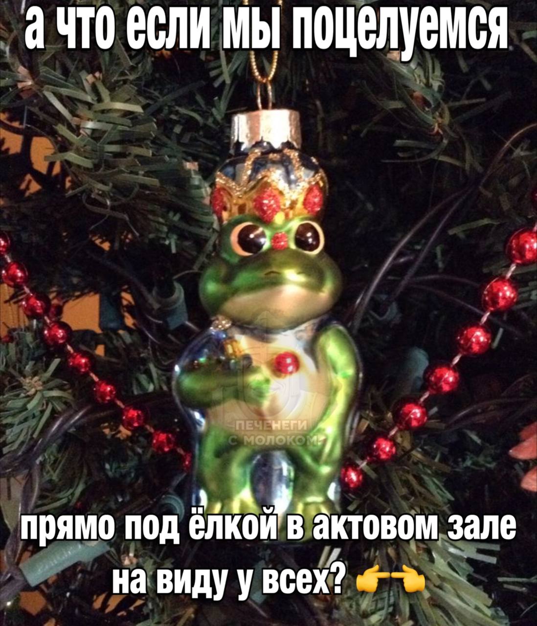 Мем с ёлочной игрушкой в виде лягушки-царевны и надписью «а что если мы поцелуемся прямо под ёлкой в актовом зале на виду у всех?»