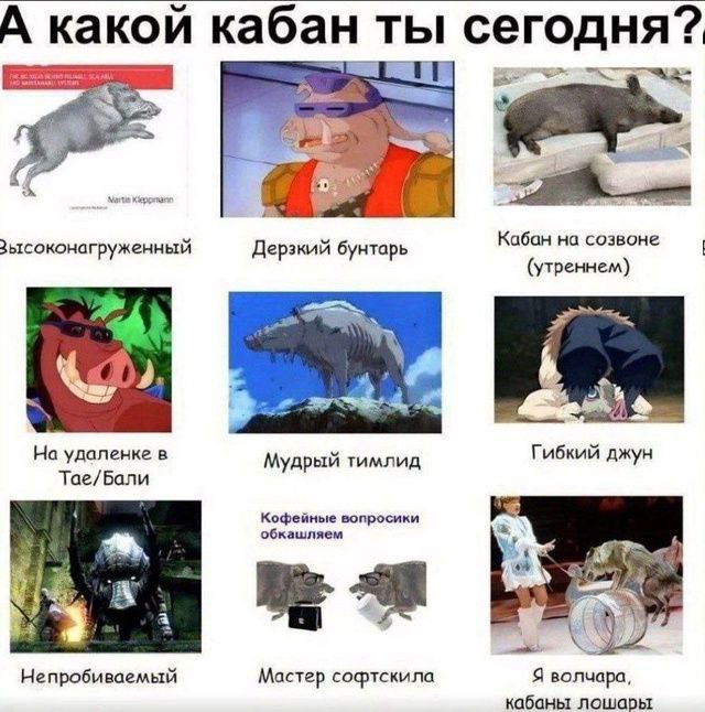А какой кабан ты сегодня? Мем "А какой кабан ты сегодня?" с девятью квадратами, каждый из которых представляет различные "состояния" кабана, от высоконагруженного до дерзкого бунтаря и гибкого джуна, с отсылками к поп-культуре и рабочим будням.