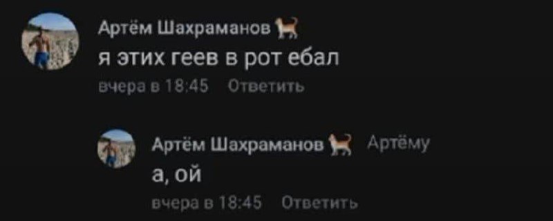 А, ой Комментарий Артёма Шахраманова "А, ой" после своего же оскорбительного комментария.
