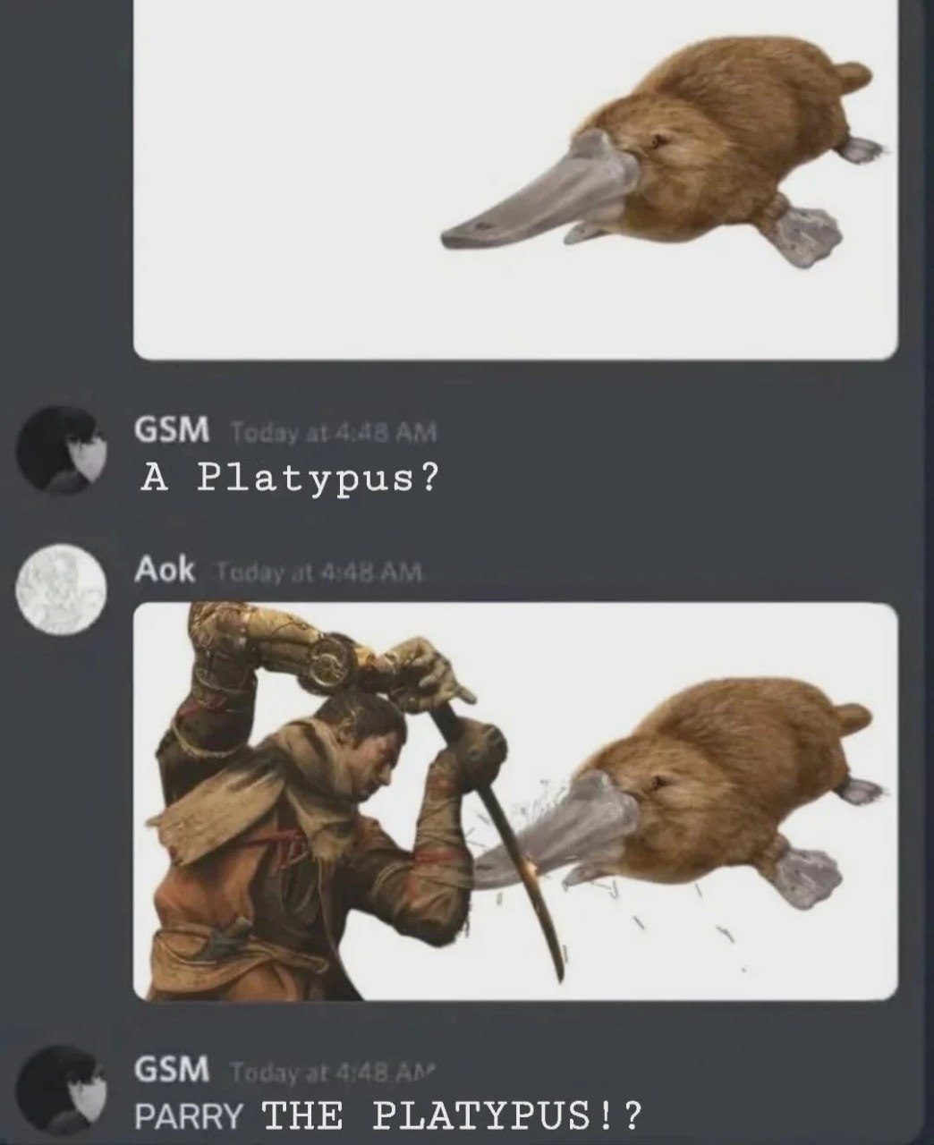 Переписка с утконосом и внезапной атакой персонажа: «A Platypus?» — «PARRY THE PLATYPUS!?»