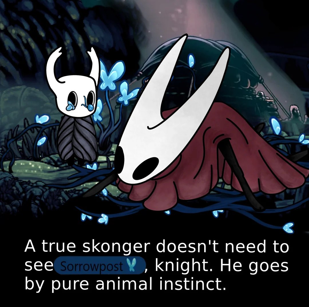 Мем про Хорнет и Маленького Рыцаря из Hollow Knight, где Хорнет говорит: "A true skonger doesn't need to see Sorrowpost"