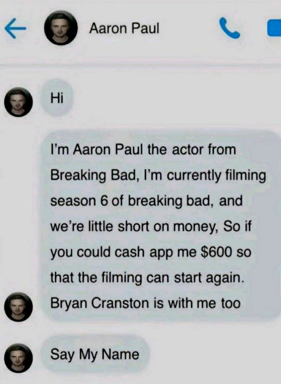 Aaron Paul Say My Name Переписка, где мошенник выдает себя за Аарона Пола и просит деньги, а ему отвечают «Say my name» из сериала «Во все тяжкие».