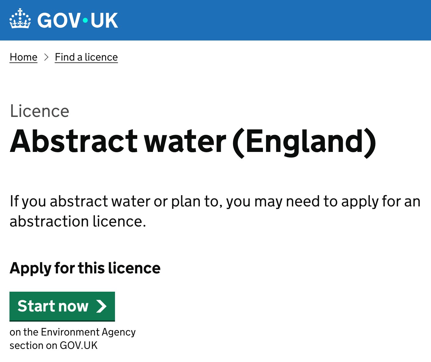 Страница GOV.UK с лицензией на «абстрактную воду» в Англии и кнопкой Start now для подачи заявки.