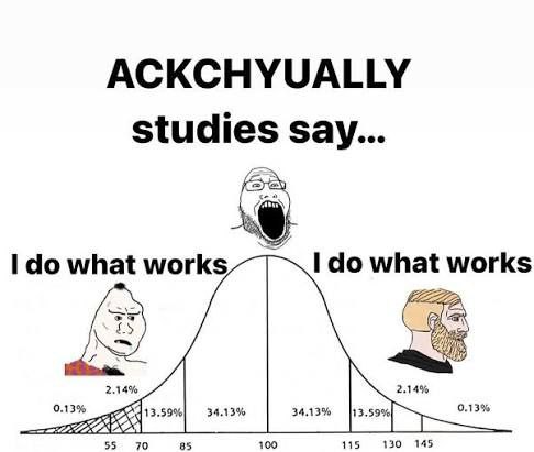 Мем про ACKCHYUALLY studies say и кривую нормального распределения Мем с кривой нормального распределения, где в центре находится персонаж Soyjak, говорящий «ACKCHYUALLY studies say...» (Вообще-то, исследования говорят...), а по краям персонажи, говорящие «I do what works» (Я делаю то, что работает).