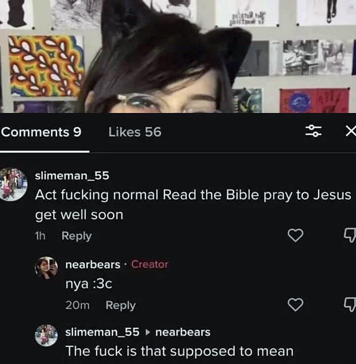 Комментарий Act fucking normal и ответ nya :3c Комментарий «Act fucking normal. Read the Bible, pray to Jesus, get well soon» и ответ «nya :3c»