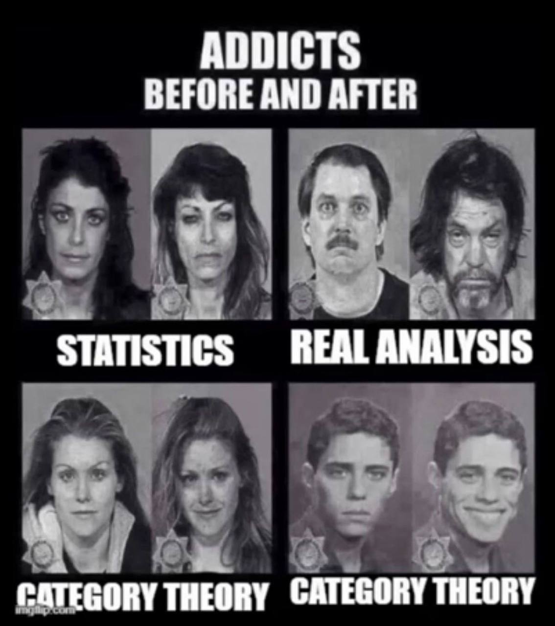 Мем с коллажем фотографий людей до и после, озаглавленный "ADDICTS BEFORE AND AFTER", с подписями STATISTICS, REAL ANALYSIS и CATEGORY THEORY