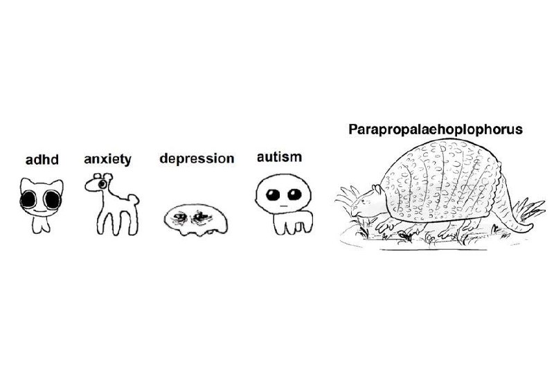 Adhd anxiety depression autism Parapropalaehoplophorus Мем, где изображены персонажи adhd, anxiety, depression, autism и Parapropalaehoplophorus