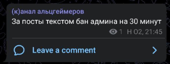 За посты текстом бан админа на 30 минут Скриншот сообщения из телеграм-канала "(к)анал альцгеймеров" с предупреждением о бане за текстовые посты.