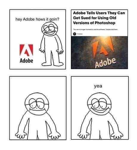 Персонаж радуется новости о том, что Adobe позволяет бесплатно получить старые версии Photoshop