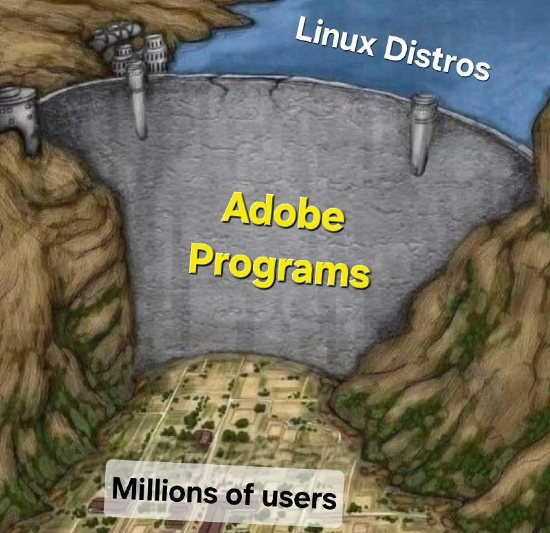 Дамба Adobe Programs и Linux Distros Мем, где плотина под названием "Adobe Programs" сдерживает воду "Linux Distros" от затопления города "Millions of users".