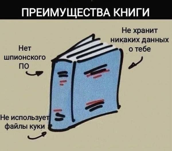 Преимущества книги Преимущества обычной книги по сравнению с электронными устройствами, которые могут отслеживать данные пользователя. На картинке изображена книга, вокруг которой стрелками указаны ее положительные качества: нет шпионского ПО, не хранит никаких данных о тебе, не использует файлы куки.