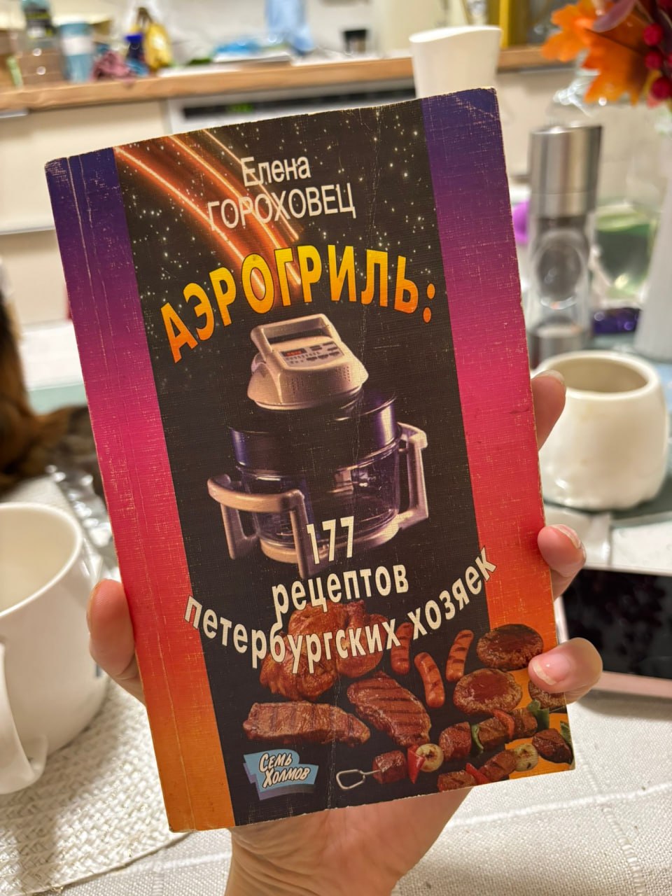 Обложка книги Елены Гороховец «Аэрогриль: 77 рецептов петербургских хозяек» с изображением аэрогриля и мясных блюд.