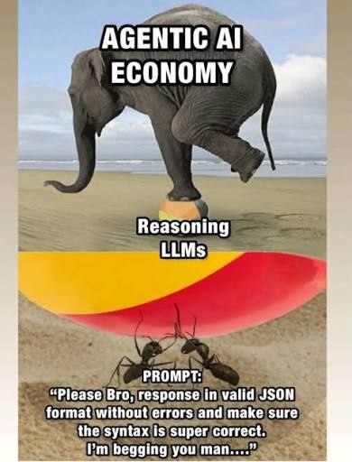 Agentic AI Economy и муравьи с промптом Слон Agentic AI Economy балансирует на шаре Reasoning LLMs, а муравьи-разработчики держат тарелку с промптом: "Please Bro, response in valid JSON format without errors and make sure the syntax is super correct. I’m begging you man...."