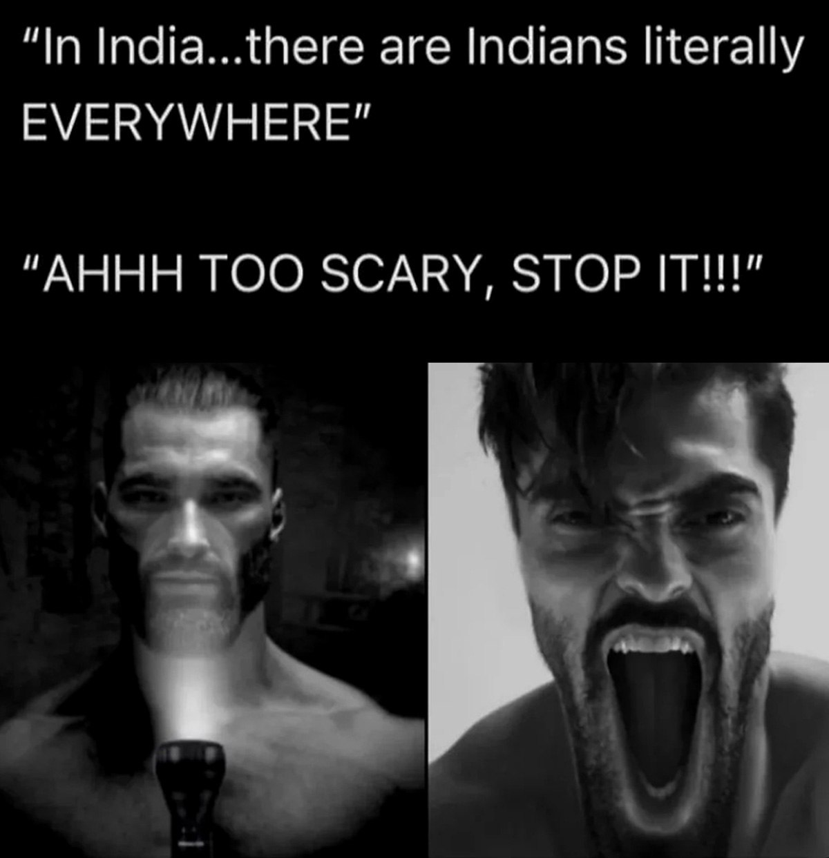 AHHH TOO SCARY, STOP IT!!! Мем с надписью "AHHH TOO SCARY, STOP IT!!!" и двумя мужчинами внизу