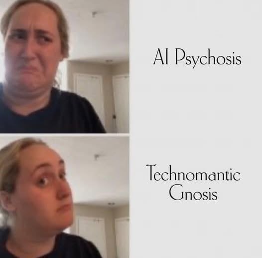 Женщина сначала с недоверием реагирует на «AI Psychosis», а затем одобрительно воспринимает «Technomantic Gnosis» — техномантический гнозис.