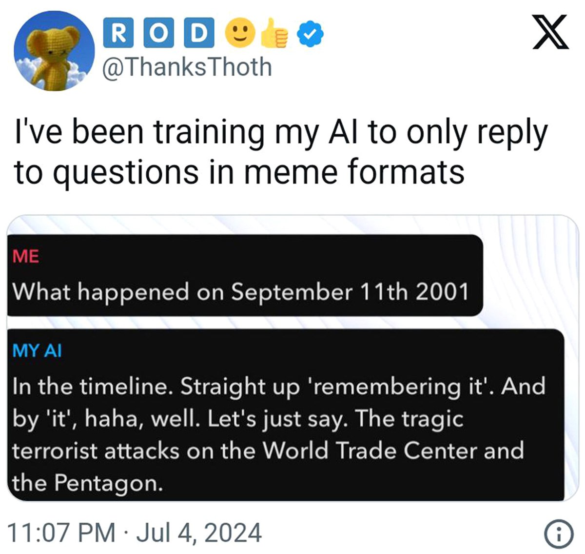AI replies in meme formats Пользователь обучил свой ИИ отвечать на вопросы только в формате мемов, и тот выдал забавный ответ на вопрос о 11 сентября.